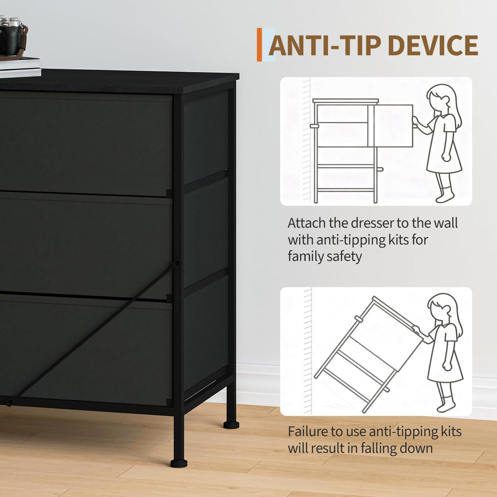 Black 12 Fabric Drawer Dresser with Charging Station J3305