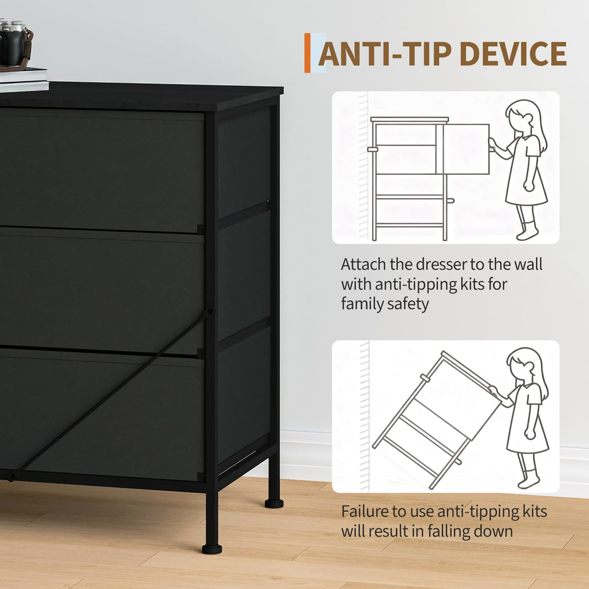 Black 12 Fabric Drawer Dresser with Charging Station J3305