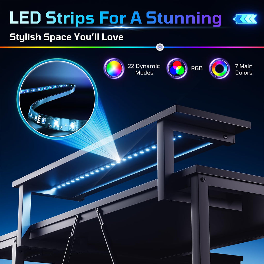 42-Inch L-Shaped Computer Desk with Charging & LED, Black R7465
