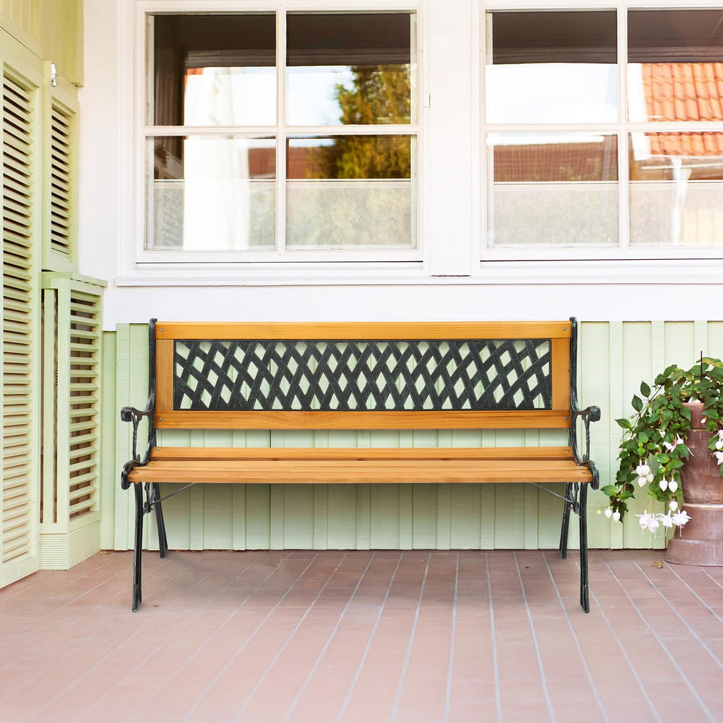 Weather Resistant Cast Iron Teak Wood 3-Person Outdoor Bench A8204