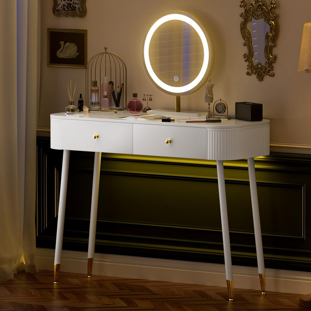 White 40" Vanity Desk with Mirror and Lights V6051