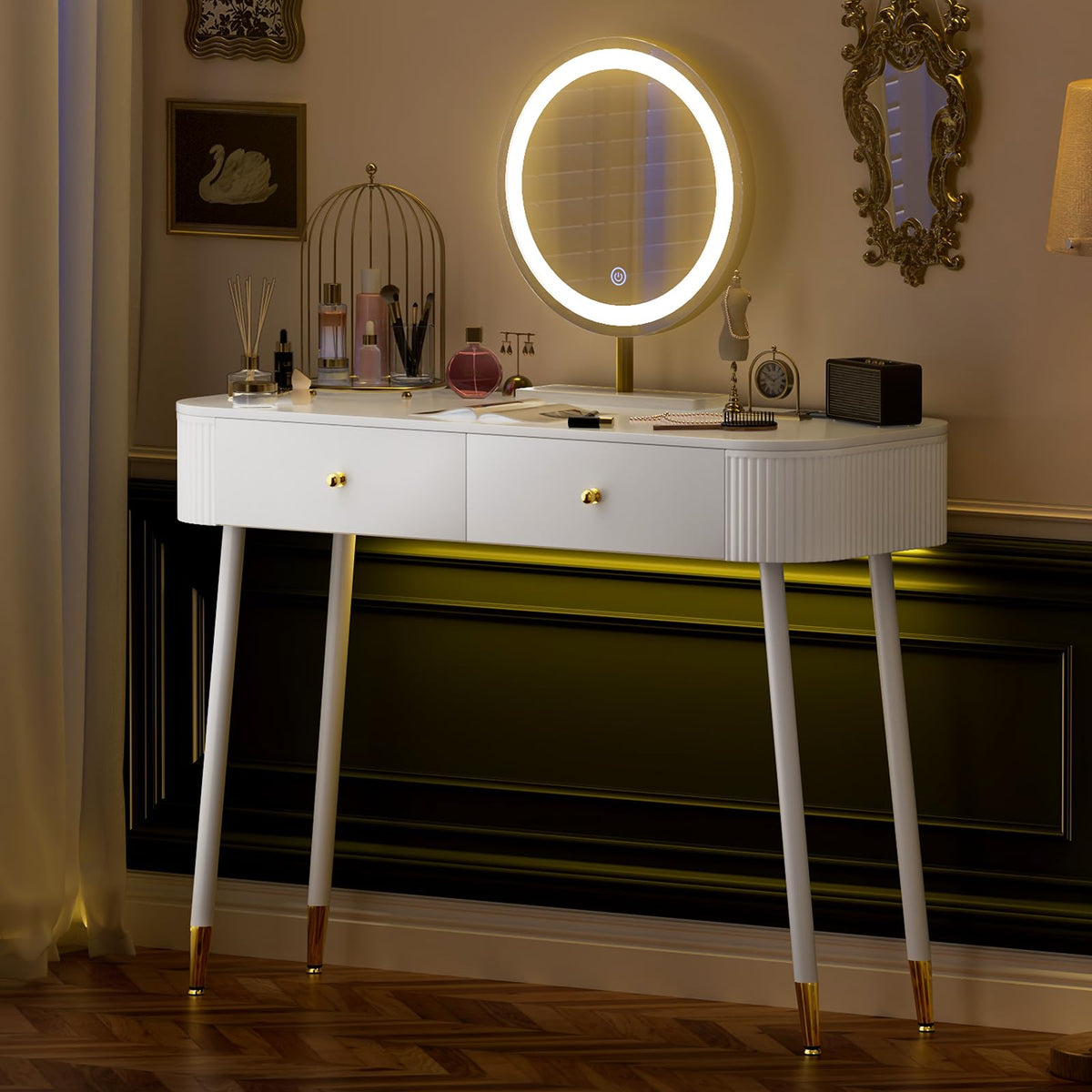 White 40" Vanity Desk with Mirror and Lights V6051