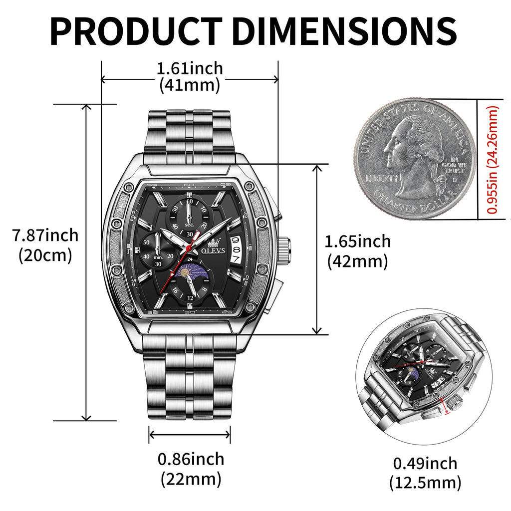 Men Big Square Face Chronograph Stainless Steel Dress Watch A140