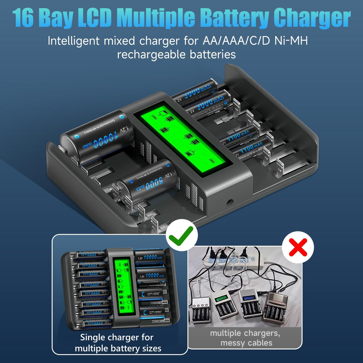 16 Bay AA AAA C D NiMH Battery Charger with LCD Display X65071