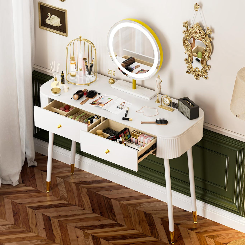 White 40" Vanity Desk with Mirror and Lights V6051