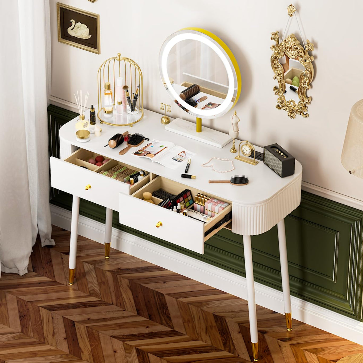 White 40" Vanity Desk with Mirror and Lights V6051