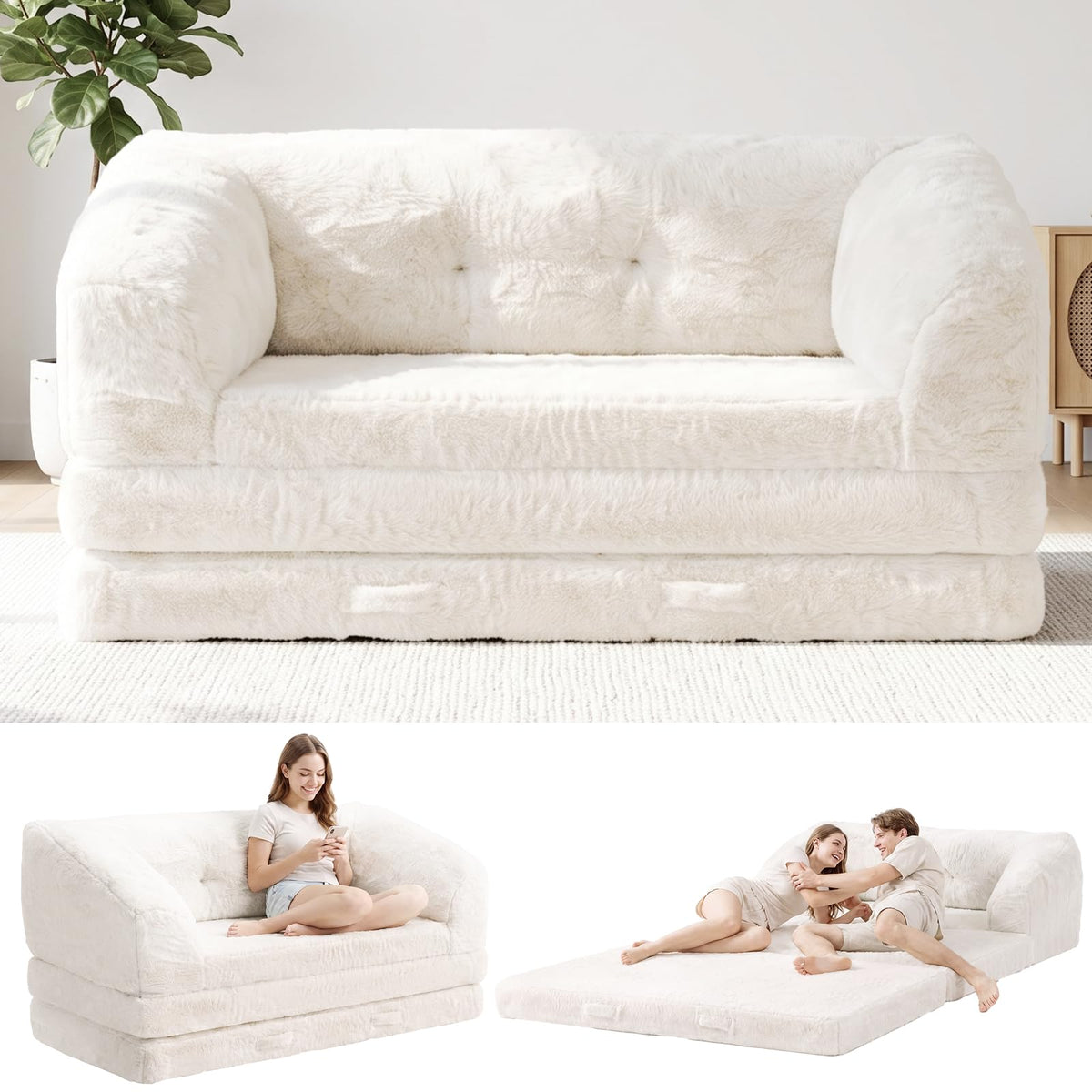 Convertible Folding Sofa Bed, 2 in 1 Portable Floor Couch & Foam Mattress with Handle, Space-Saving Faux Fur Futon Chair for Living Room, Bedroom, Guest Room (Loveseat, Beige) J3444