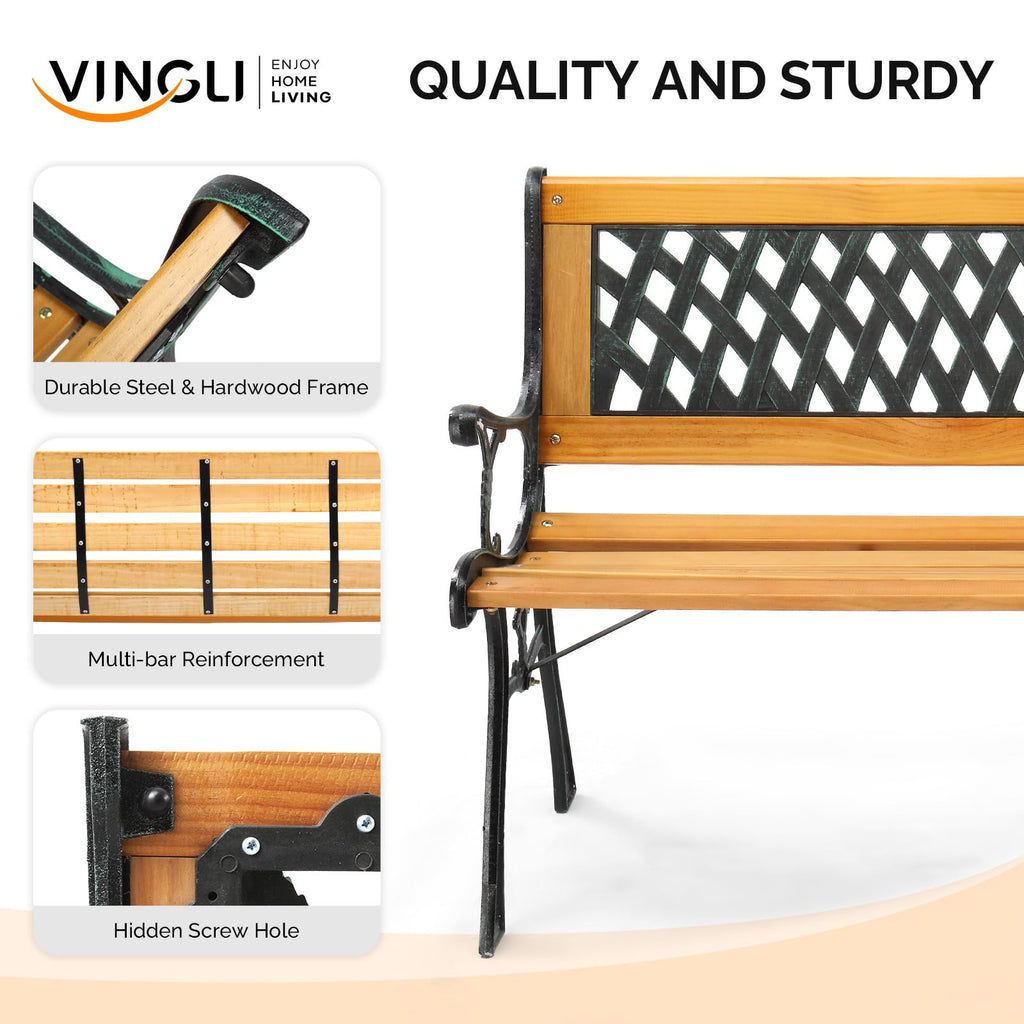 Weather Resistant Cast Iron Teak Wood 3-Person Outdoor Bench A8204