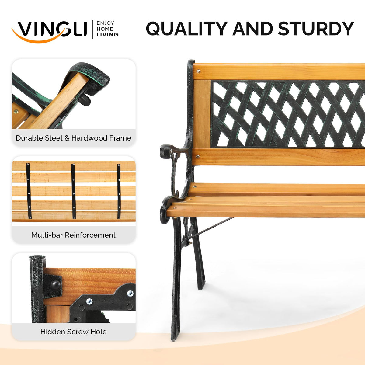 Weather Resistant Cast Iron Teak Wood 3-Person Outdoor Bench A8204