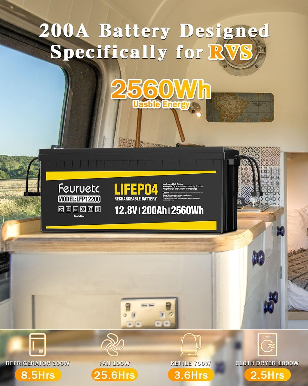 12V 200Ah LiFePO4 Deep Cycle Lithium Battery with 200A BMS Y43813