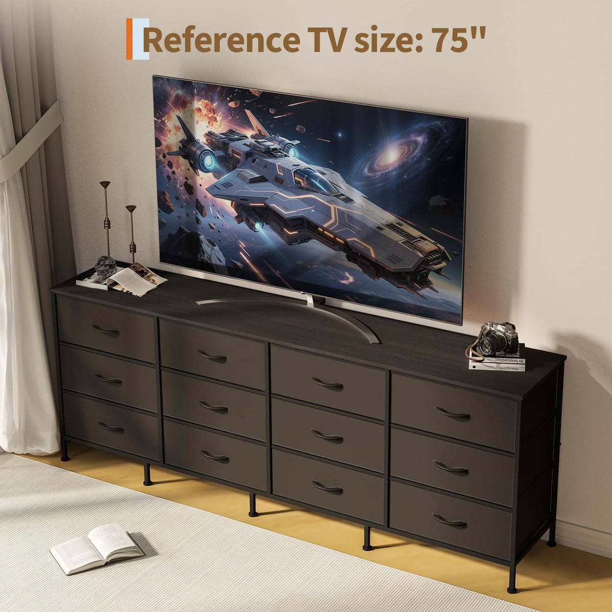 Black 12 Fabric Drawer Dresser with Charging Station J3305