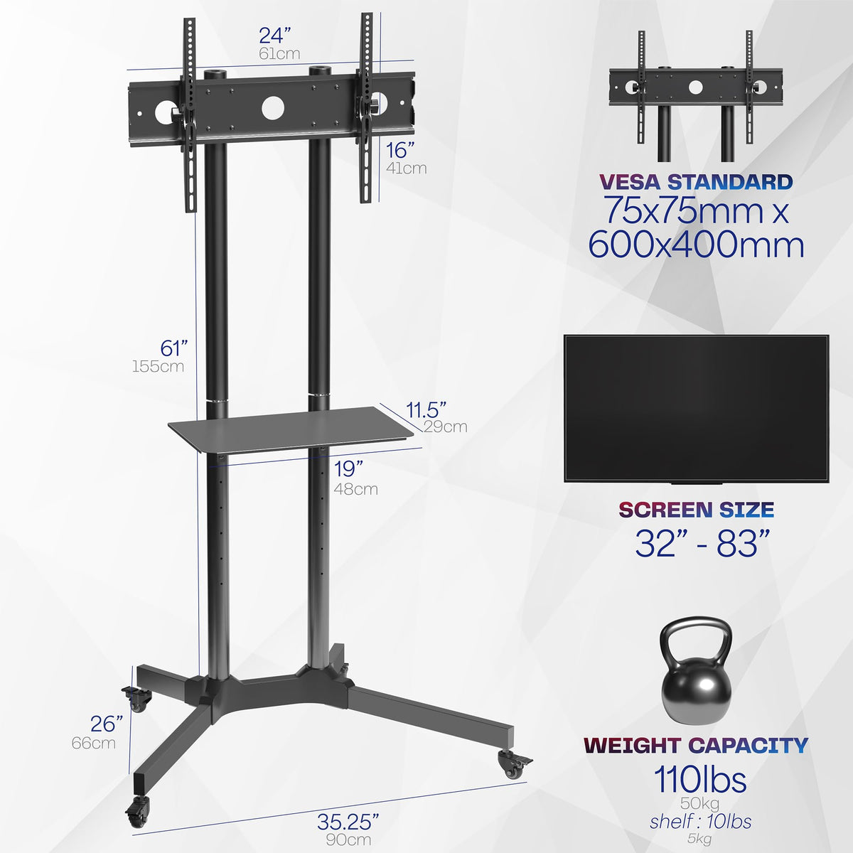 Black Mobile TV Cart for 32 to 83 inch Screens P150208