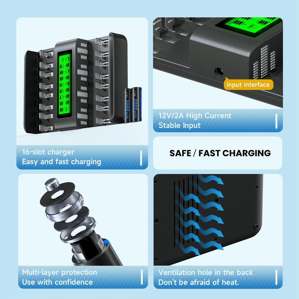 16 Bay AA AAA C D NiMH Battery Charger with LCD Display X65071
