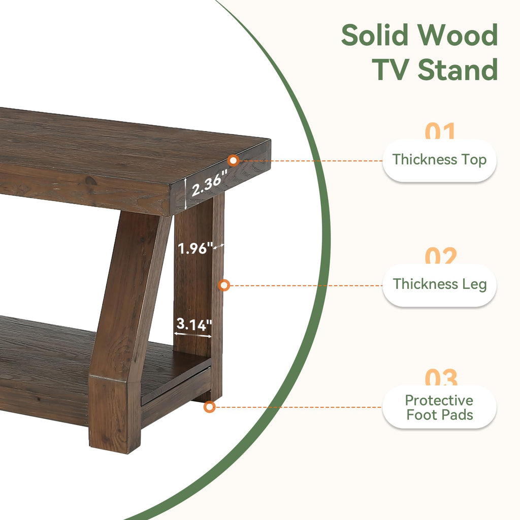 Solid Wood TV Stand, 2-Tier Media Console with Open Storage, Walnut Brown N91800