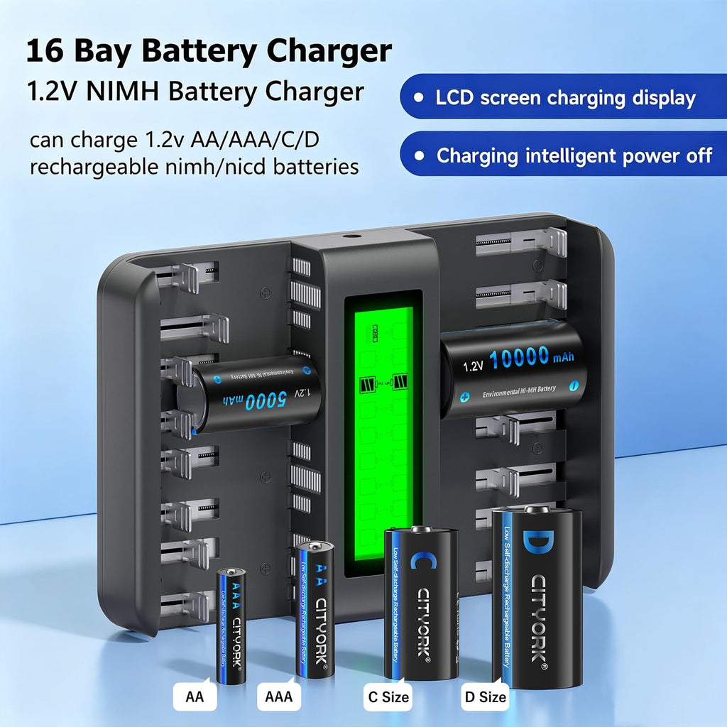 16 Bay AA AAA C D NiMH Battery Charger with LCD Display X65071