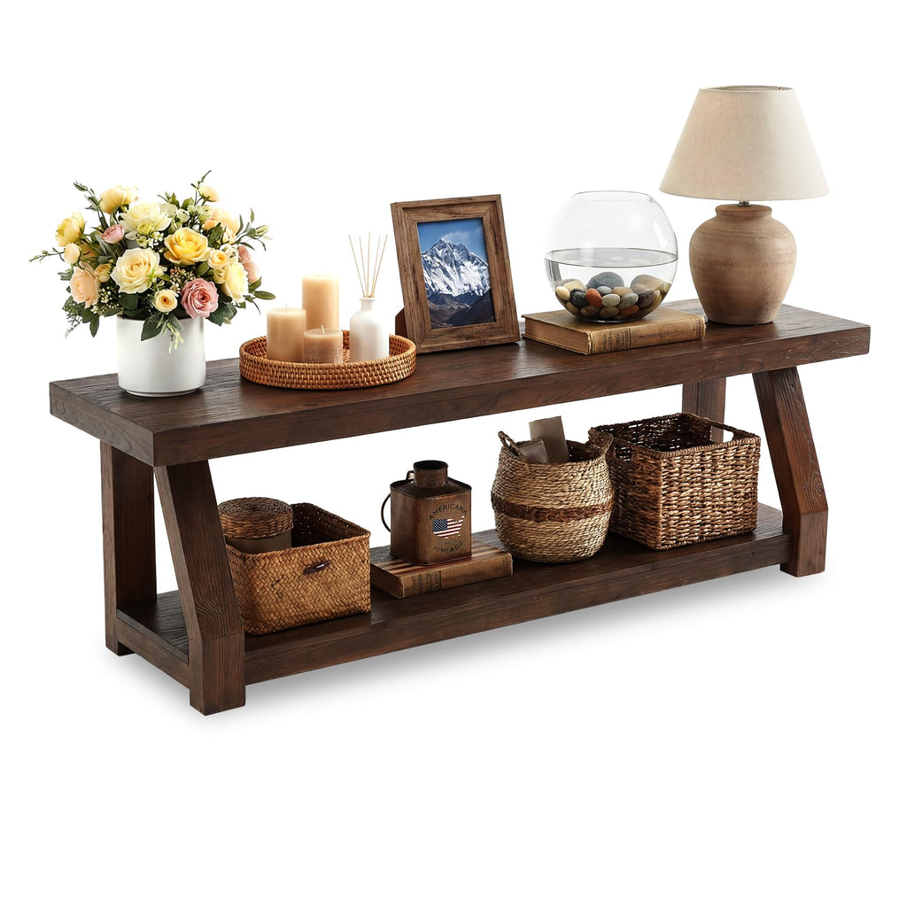 Solid Wood TV Stand, 2-Tier Media Console with Open Storage, Walnut Brown N91800