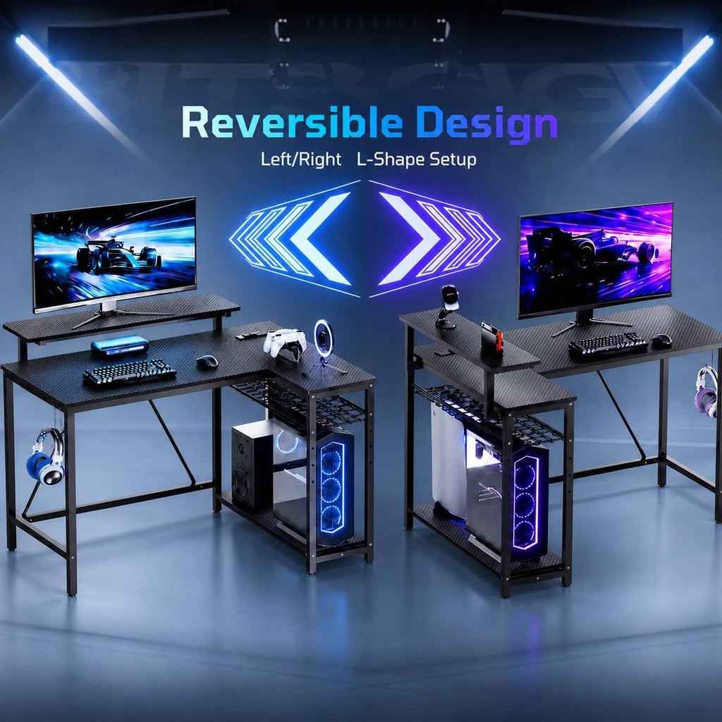 42-Inch L-Shaped Computer Desk with Charging & LED, Black R7465