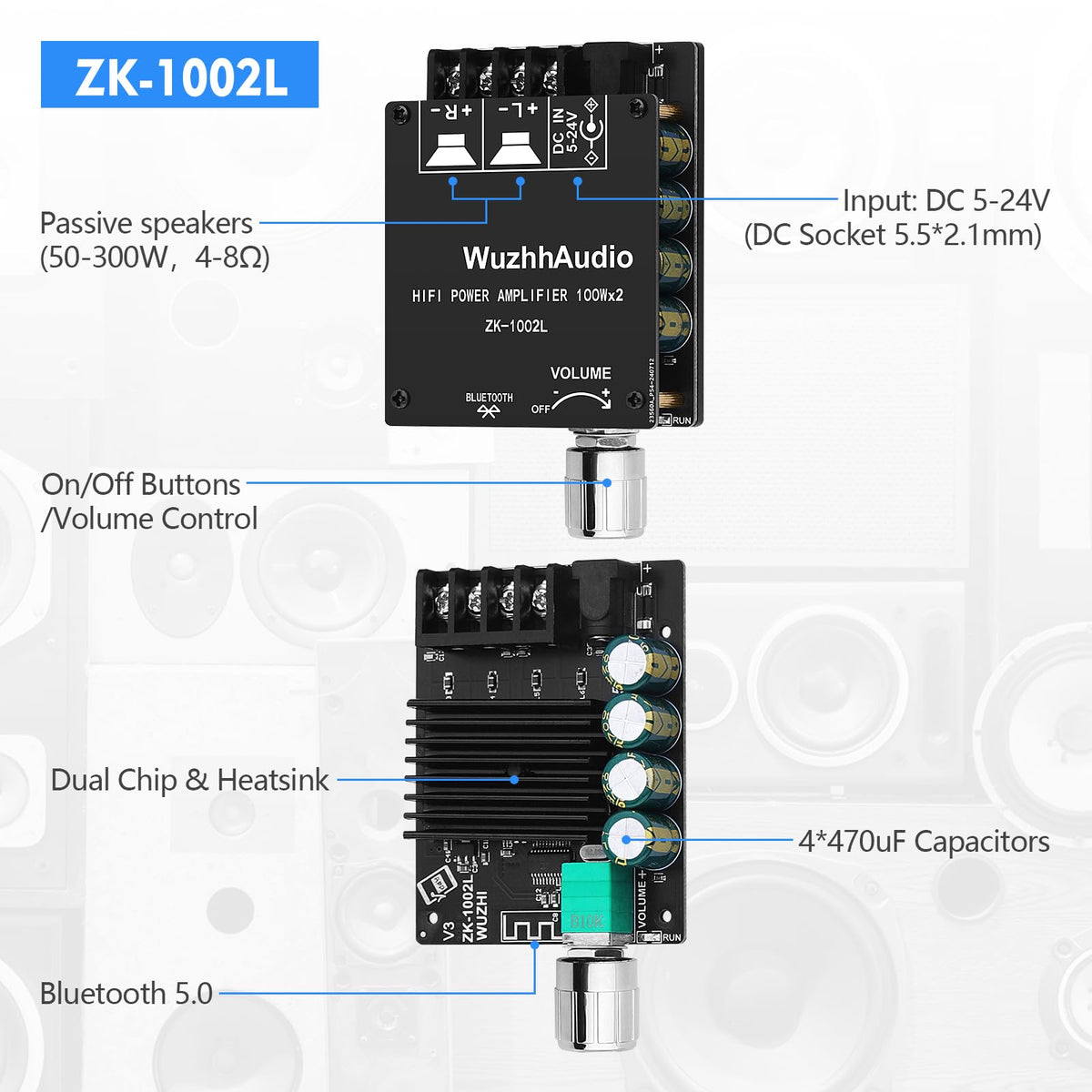 200W Audio Power Amplifier Board with Bluetooth and AUX Inputs W2019