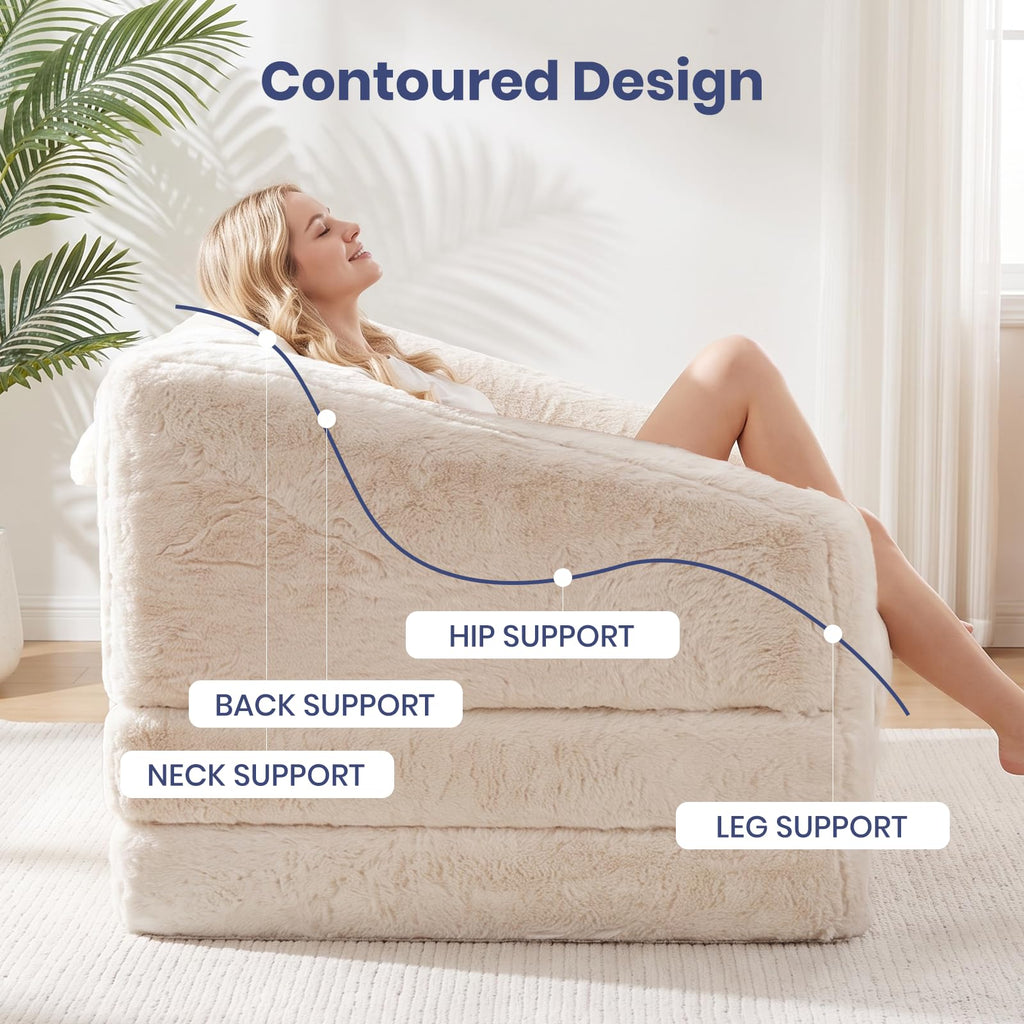 Convertible Folding Sofa Bed, 2 in 1 Portable Floor Couch & Foam Mattress with Handle, Space-Saving Faux Fur Futon Chair for Living Room, Bedroom, Guest Room (Loveseat, Beige) J3444