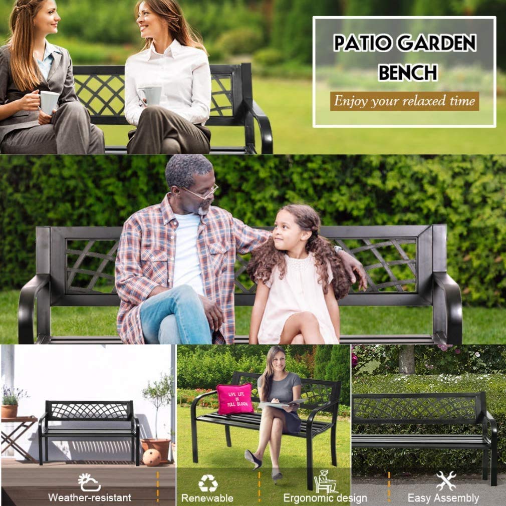 Black Metal Outdoor Patio Bench with Armrests Q574745