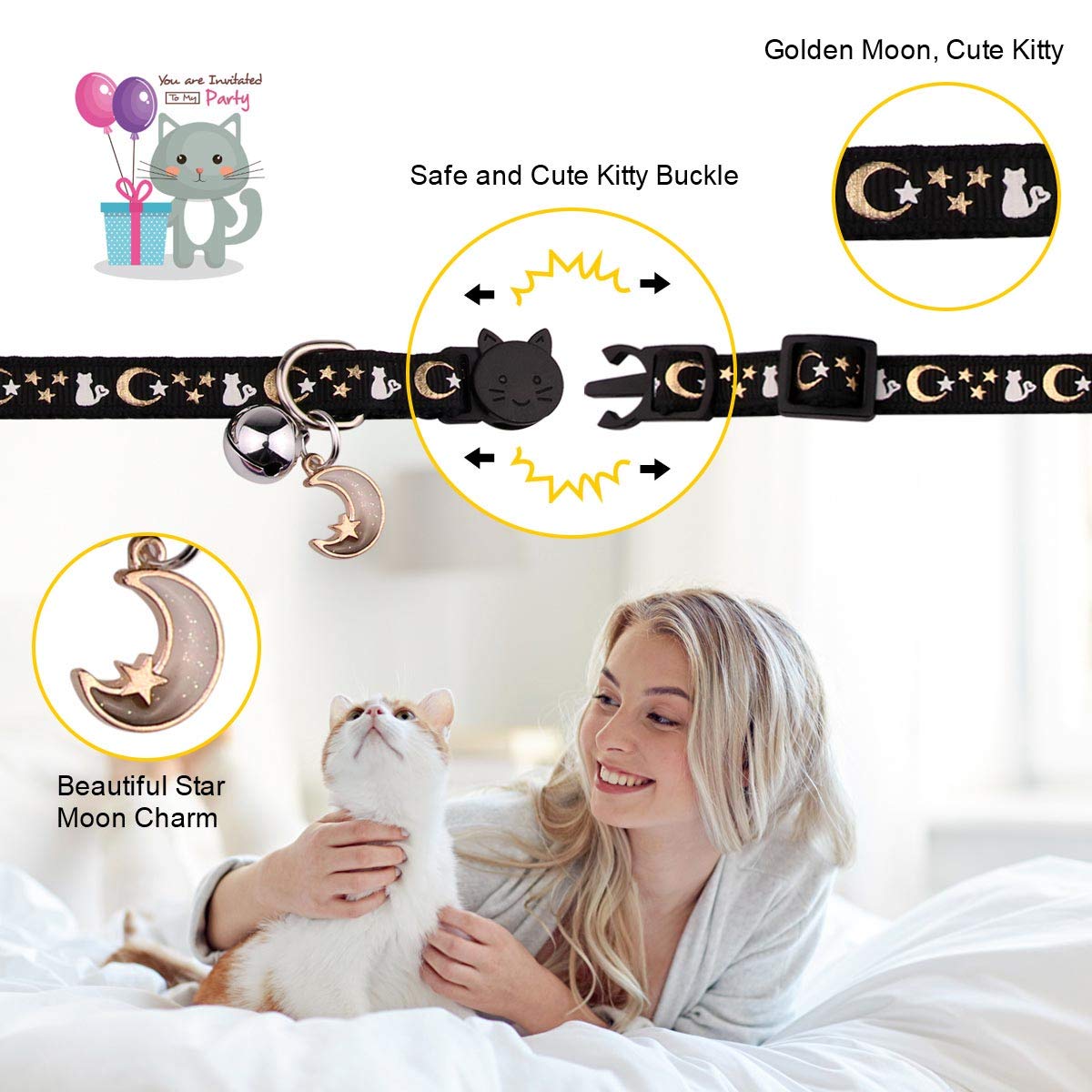 2PCS Breakaway Cat Collars with Bell Glow in The Dark Black Purple L467
