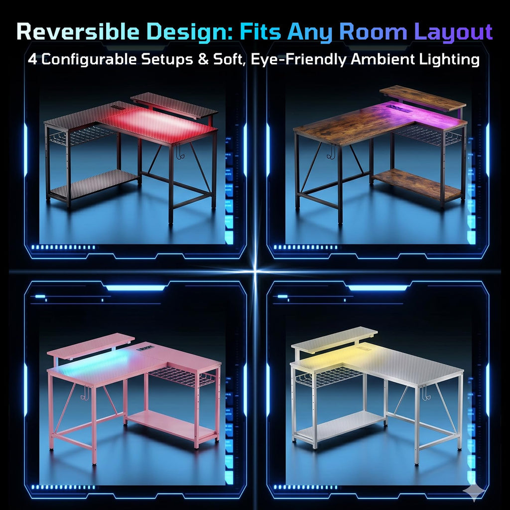 42-Inch L-Shaped Computer Desk with Charging & LED, Black R7465
