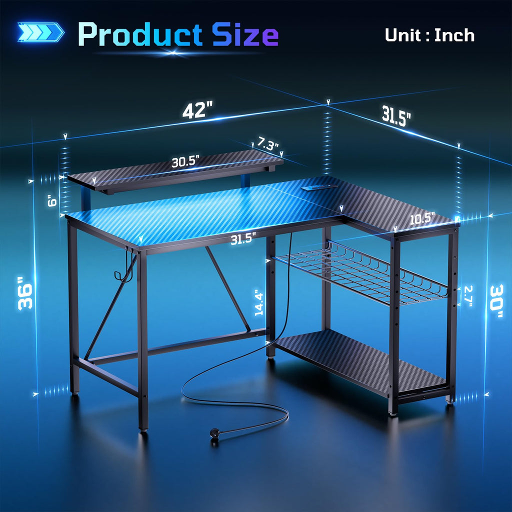 42-Inch L-Shaped Computer Desk with Charging & LED, Black R7465