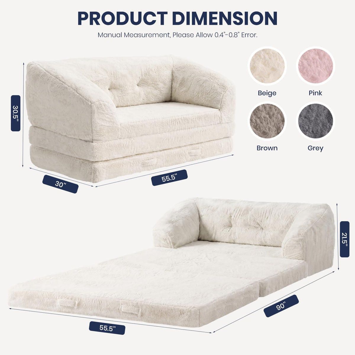 Convertible Folding Sofa Bed, 2 in 1 Portable Floor Couch & Foam Mattress with Handle, Space-Saving Faux Fur Futon Chair for Living Room, Bedroom, Guest Room (Loveseat, Beige) J3444