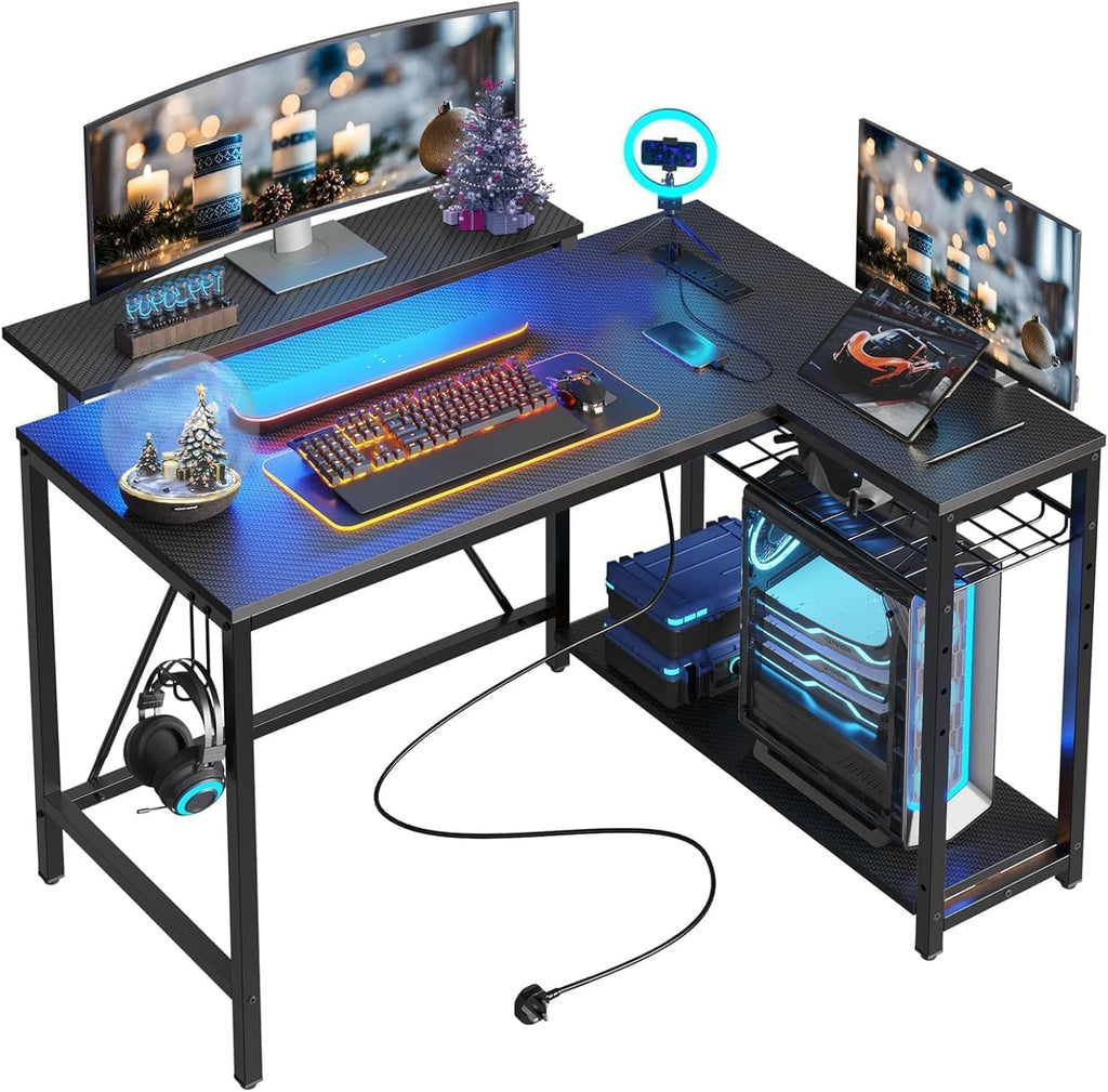 42-Inch L-Shaped Computer Desk with Charging & LED, Black R7465