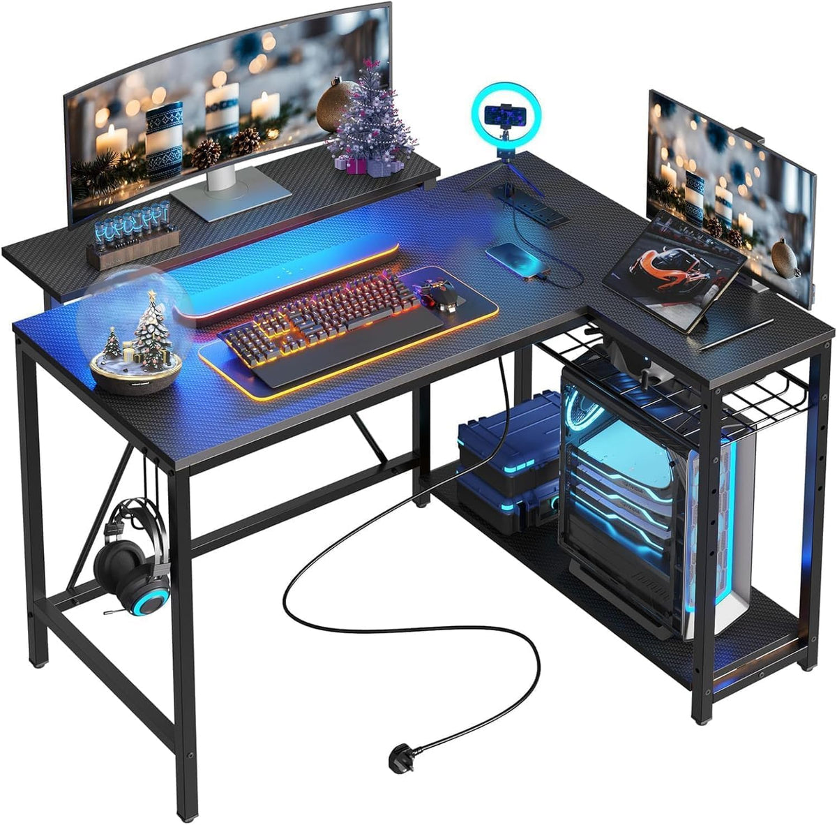 42-Inch L-Shaped Computer Desk with Charging & LED, Black R7465