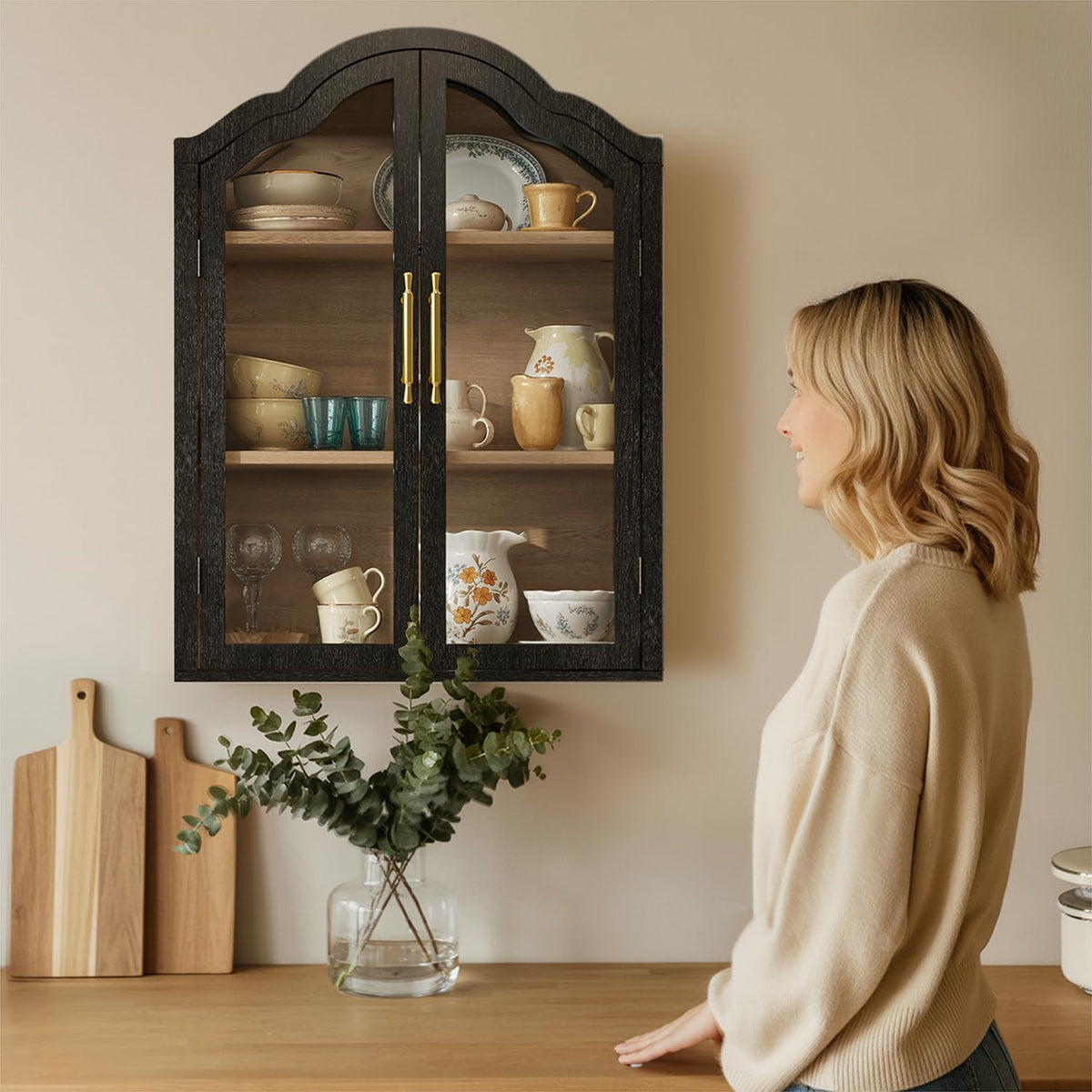 Black 31.5×23.6 Inch Wall Mounted Cabinet with Tempered Glass Doors S2799