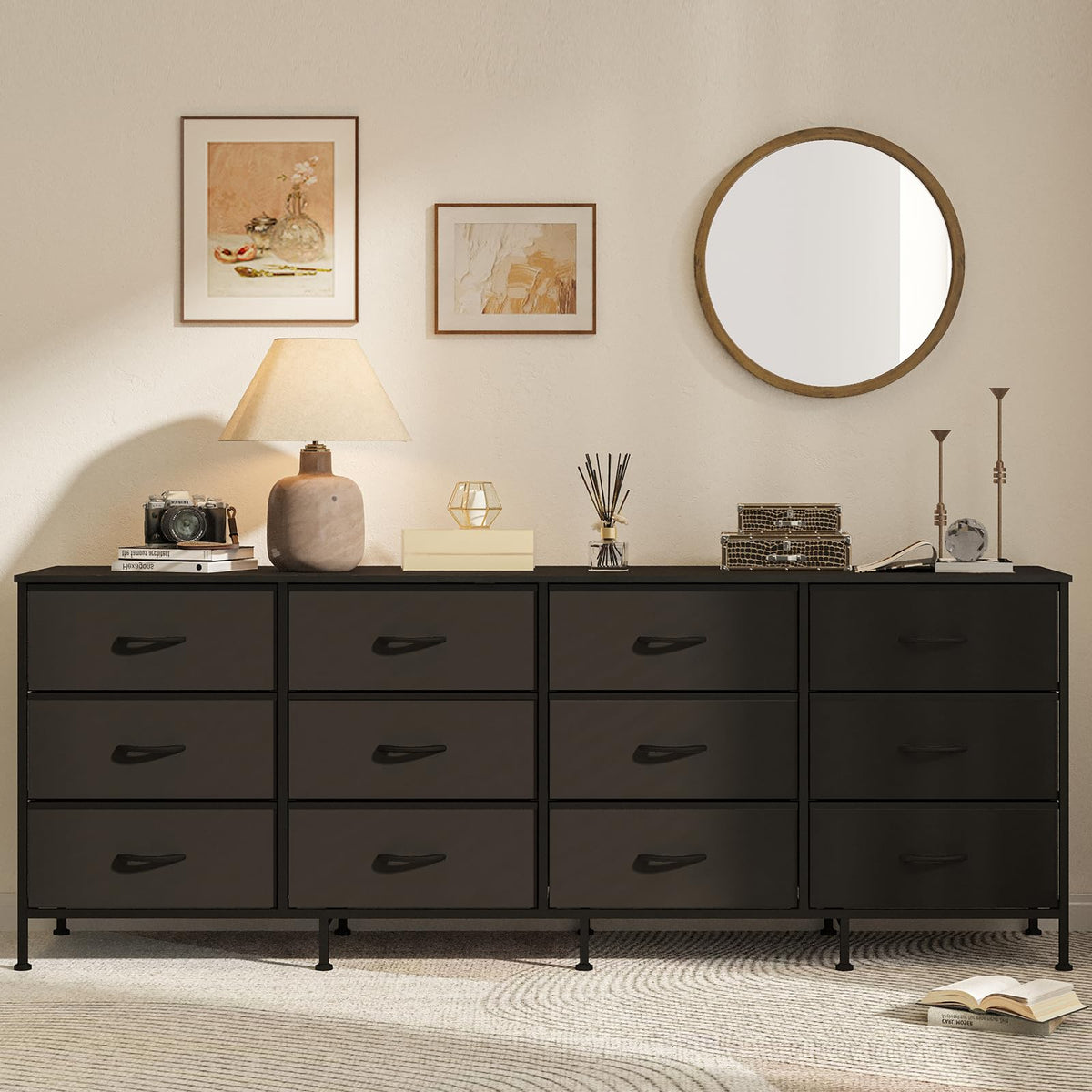 Black 12 Fabric Drawer Dresser with Charging Station J3305