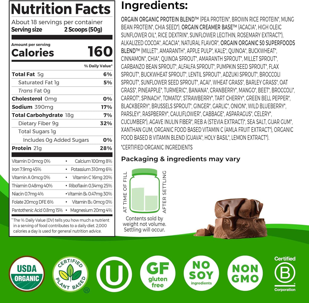 Organic Vegan Protein + 50 Superfoods Powder, 21g Plant Based Protein, 2.02 lb G8519