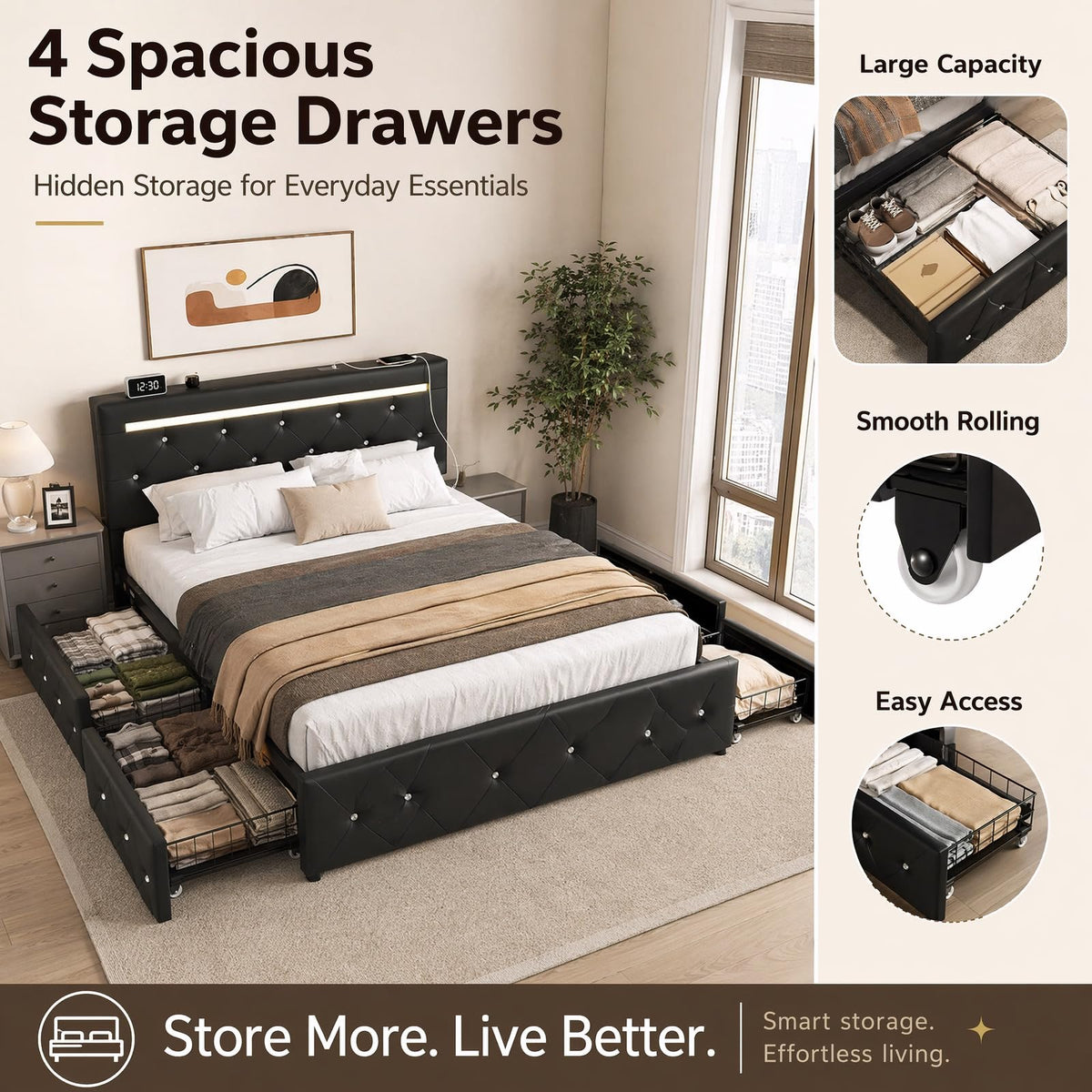 Full Upholstered Bed Frame with 4 Storage Drawers & Headboard F623