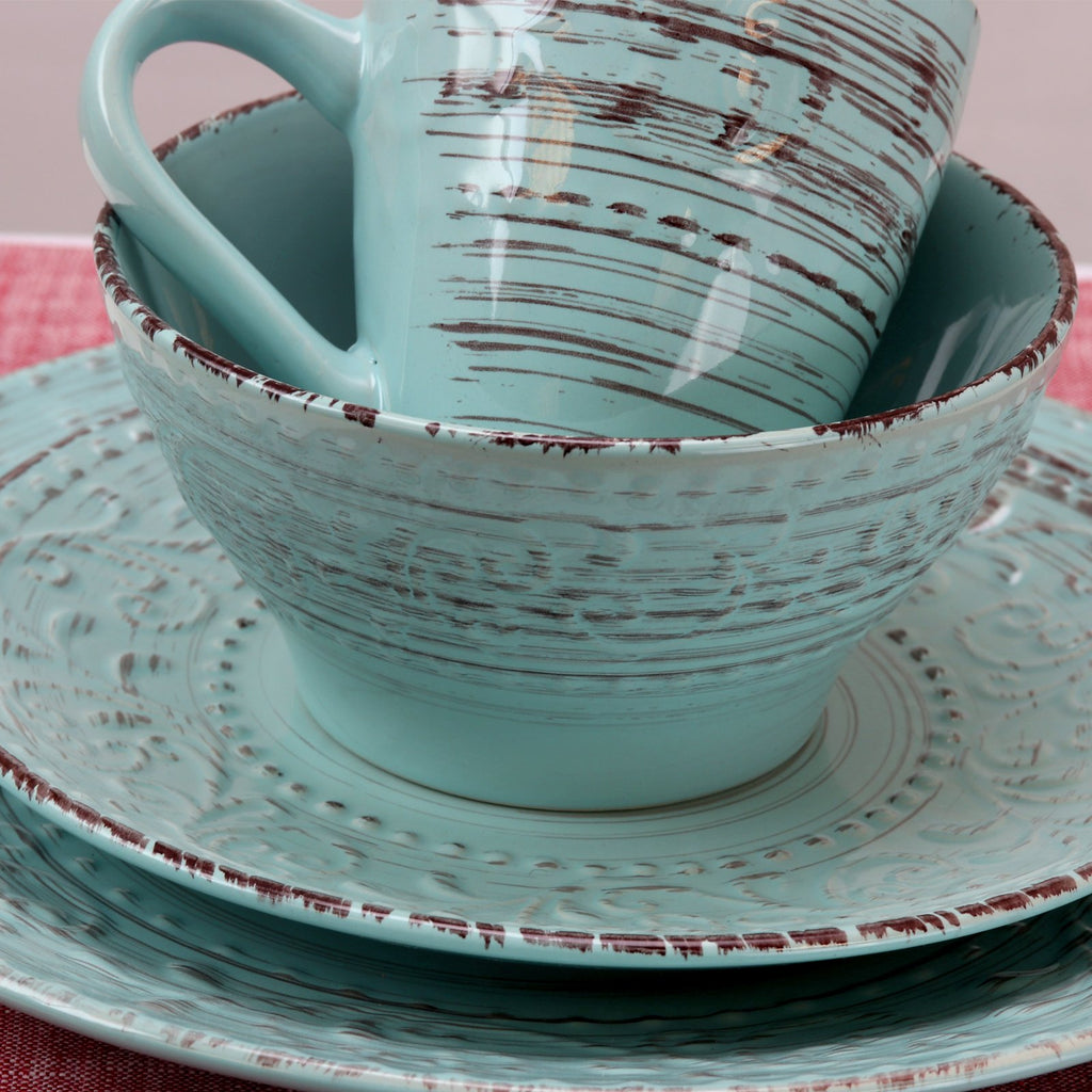 Turquoise 16 Piece Embossed Stoneware Dish Set W876