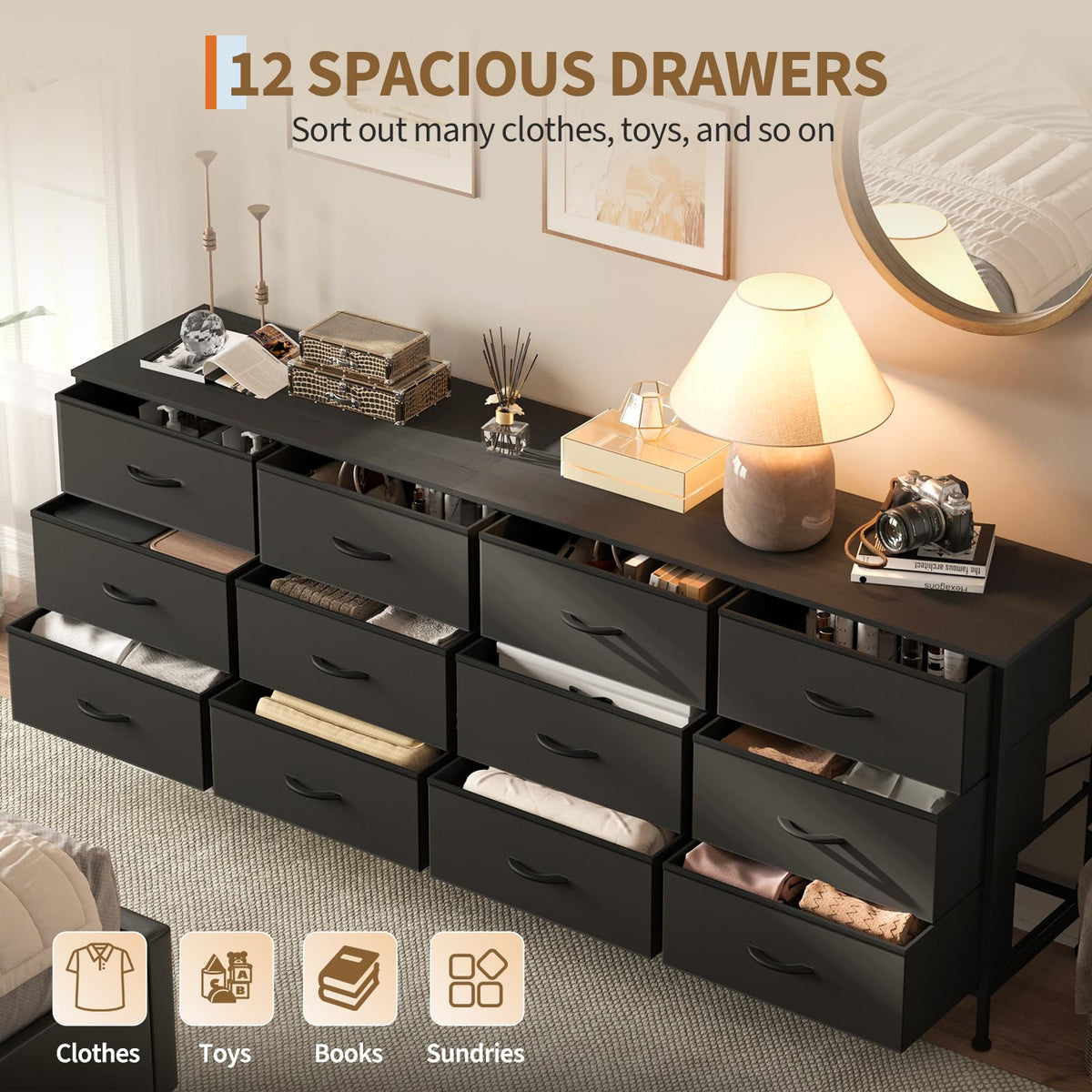 Black 12 Fabric Drawer Dresser with Charging Station J3305