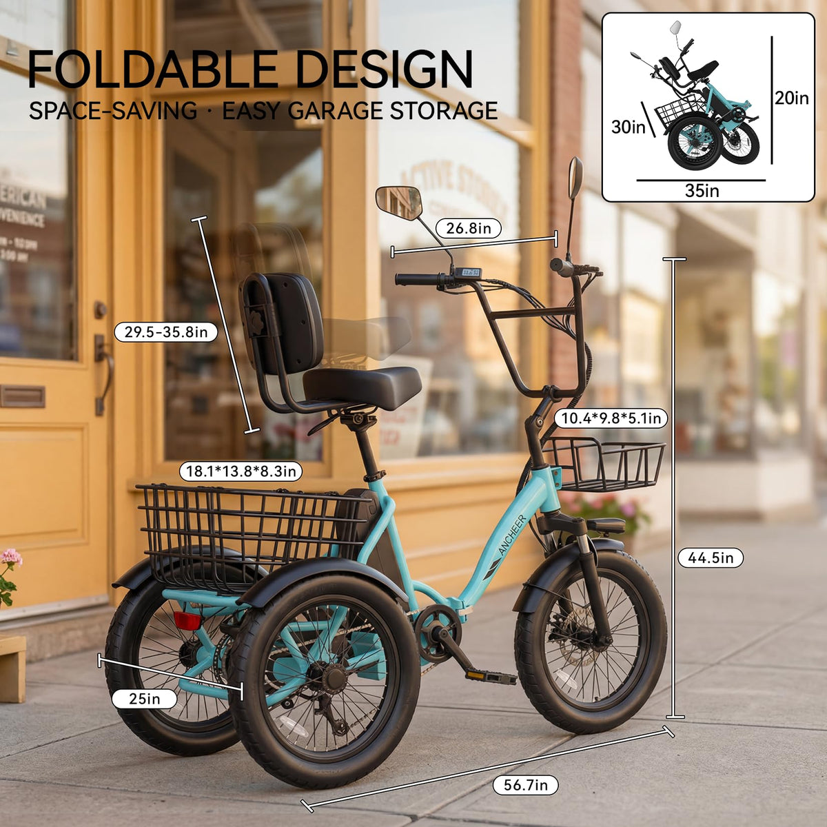 Folding Electric Tricycle 500W 3 Wheel E-Trike with Fat Tires U41727