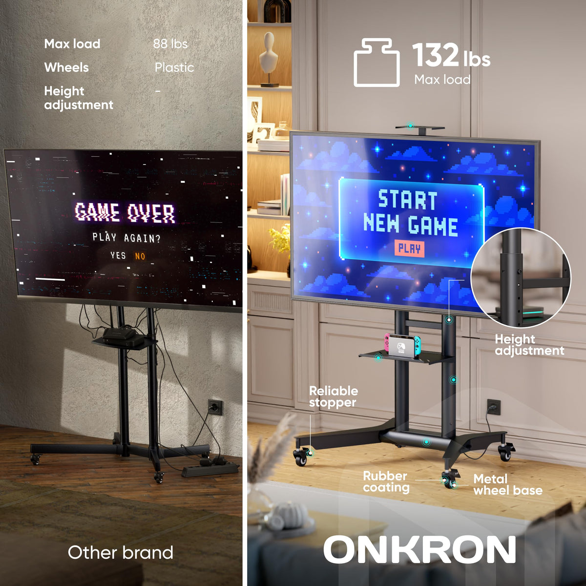 Mobile TV Stand on Wheels 32-75 Inch Black X98405