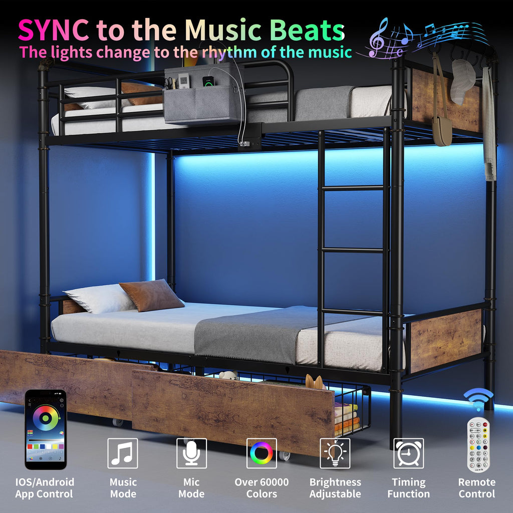 Metal LED Bunk Bed Twin Over Twin with 2 Storage Drawers M317452