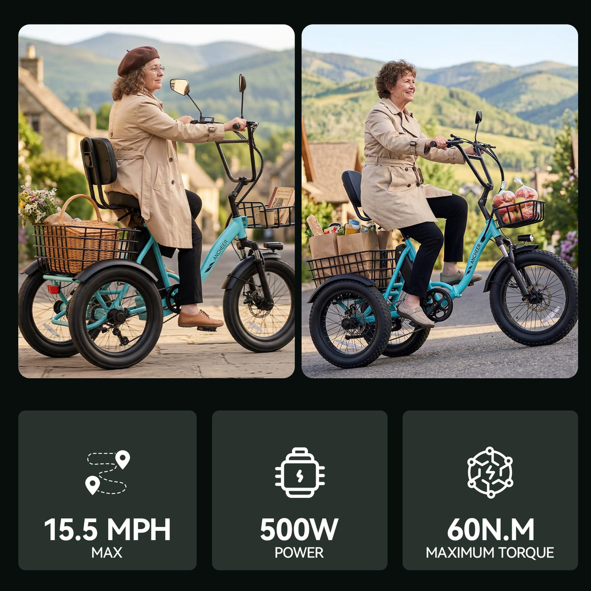 Folding Electric Tricycle 500W 3 Wheel E-Trike with Fat Tires U41727