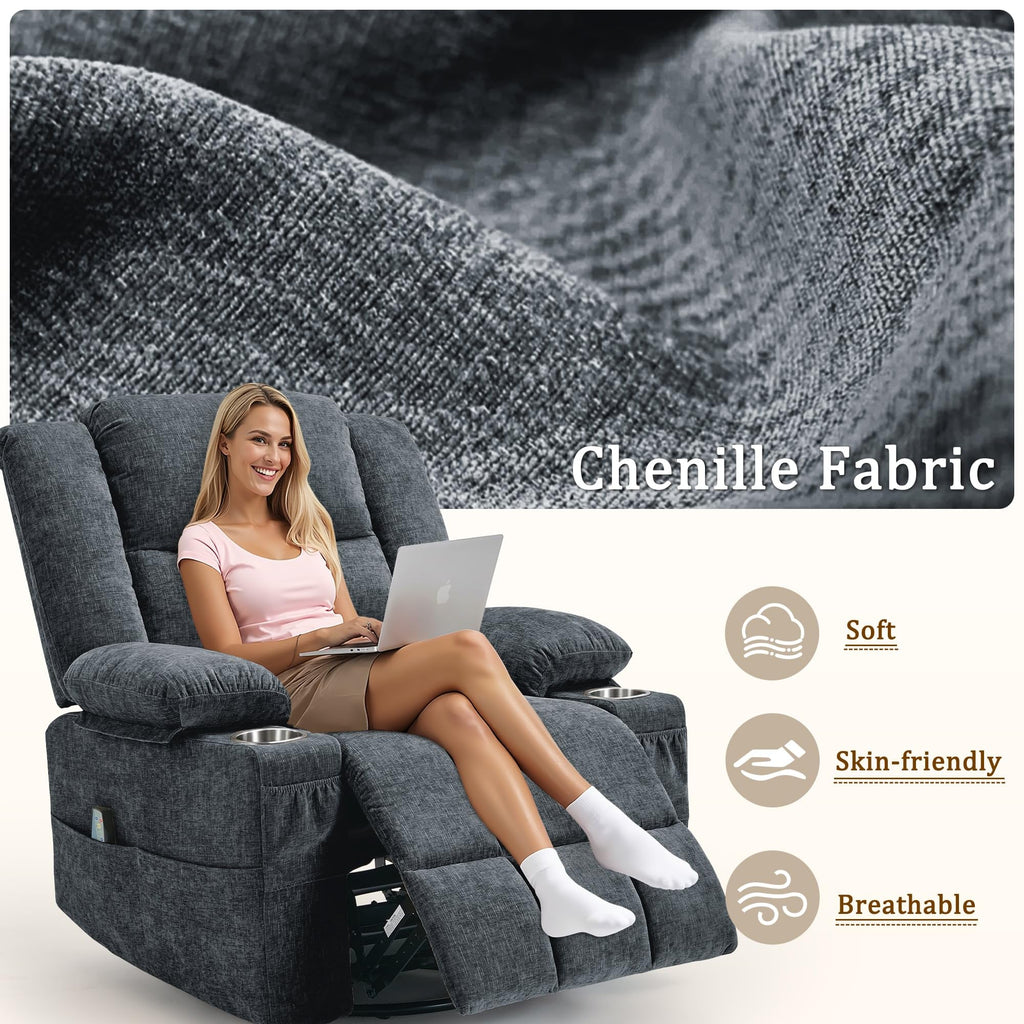 Fabric Dark Gray Swivel Rocker Recliner with Cup Holder Y89179