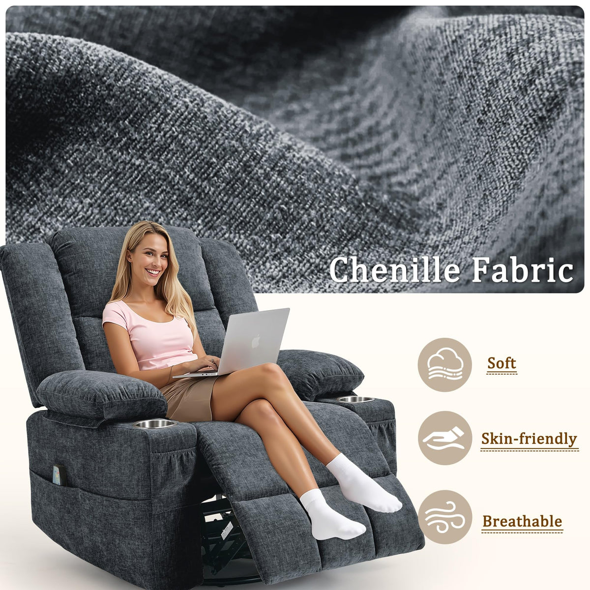 Fabric Dark Gray Swivel Rocker Recliner with Cup Holder Y89179