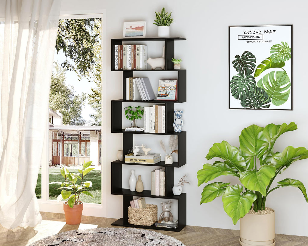 6-Tier Geometric S Shaped Wood Bookshelf U3802