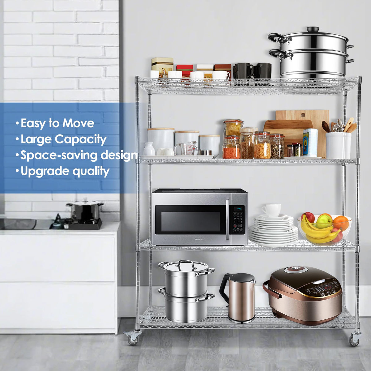 60" W 4-Tier Heavy Duty Wire Shelving 72" H x 24" D Metal Storage Rack with Wheels M559