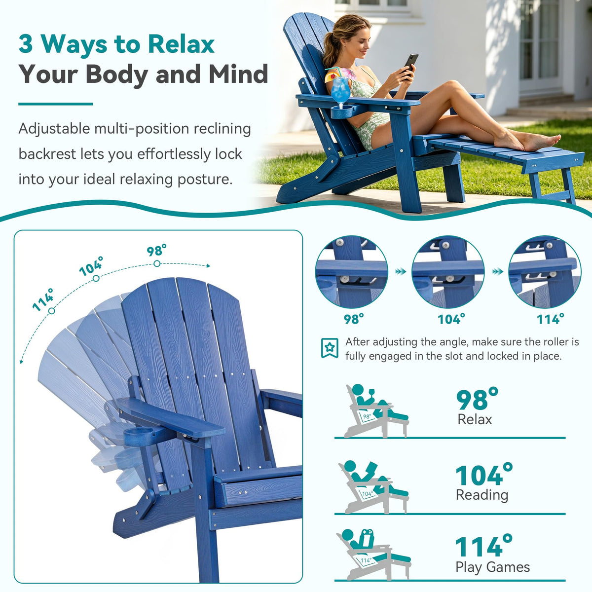 Folding Adjustable Adirondack Chairs Set of 2 with Footrest U960