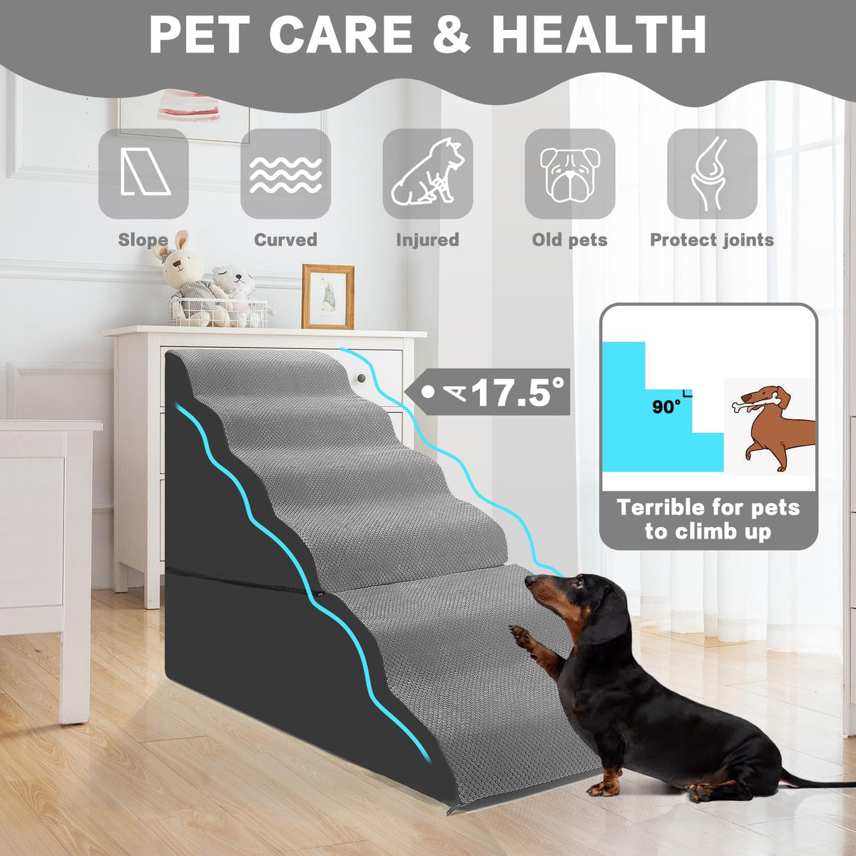 6-Step Grey Foam Dog Stairs Y726