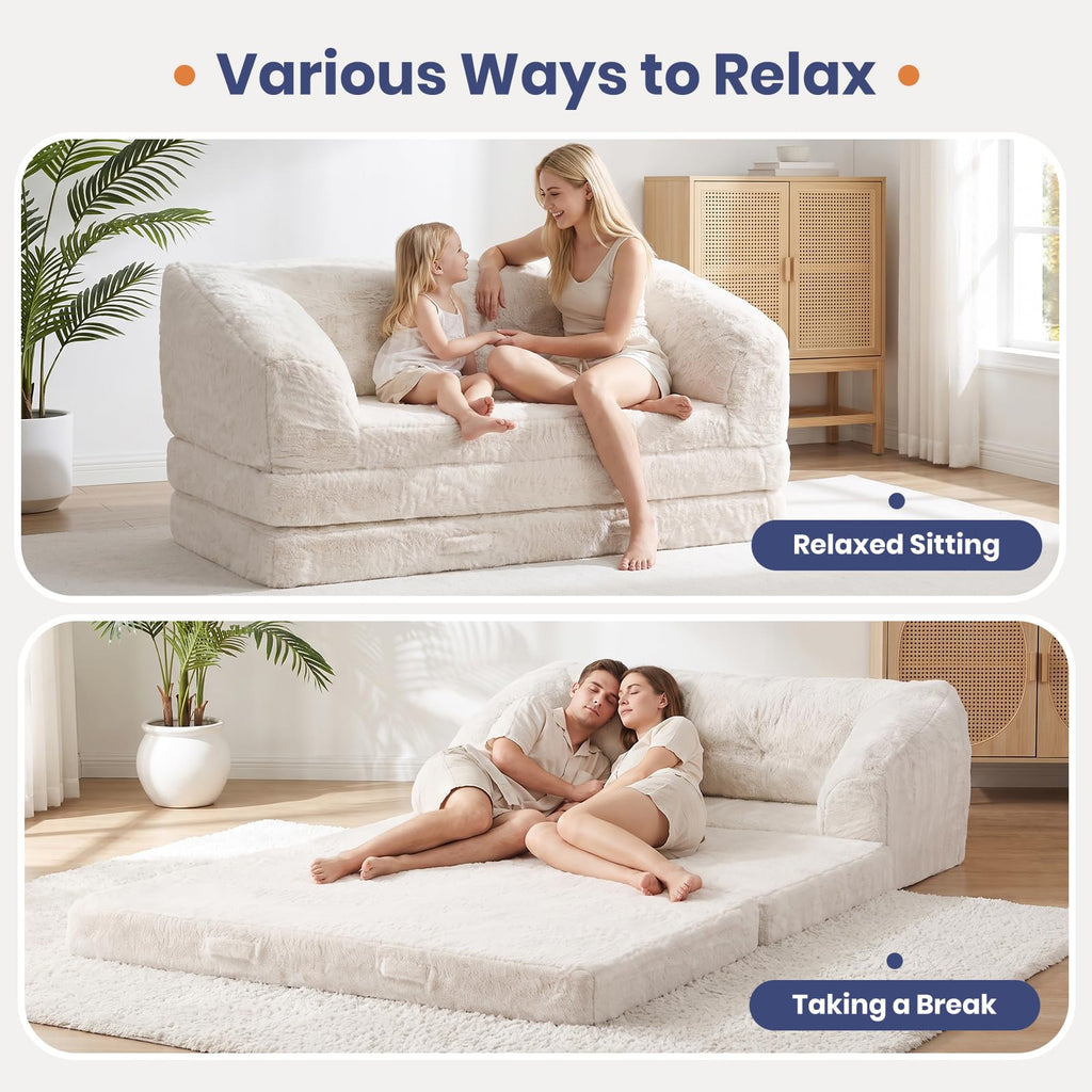 Convertible Folding Sofa Bed, 2 in 1 Portable Floor Couch & Foam Mattress with Handle, Space-Saving Faux Fur Futon Chair for Living Room, Bedroom, Guest Room (Loveseat, Beige) J3444