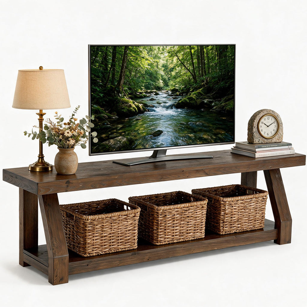 Solid Wood TV Stand, 2-Tier Media Console with Open Storage, Walnut Brown N91800