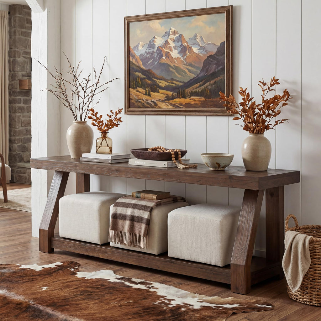 Solid Wood TV Stand, 2-Tier Media Console with Open Storage, Walnut Brown N91800