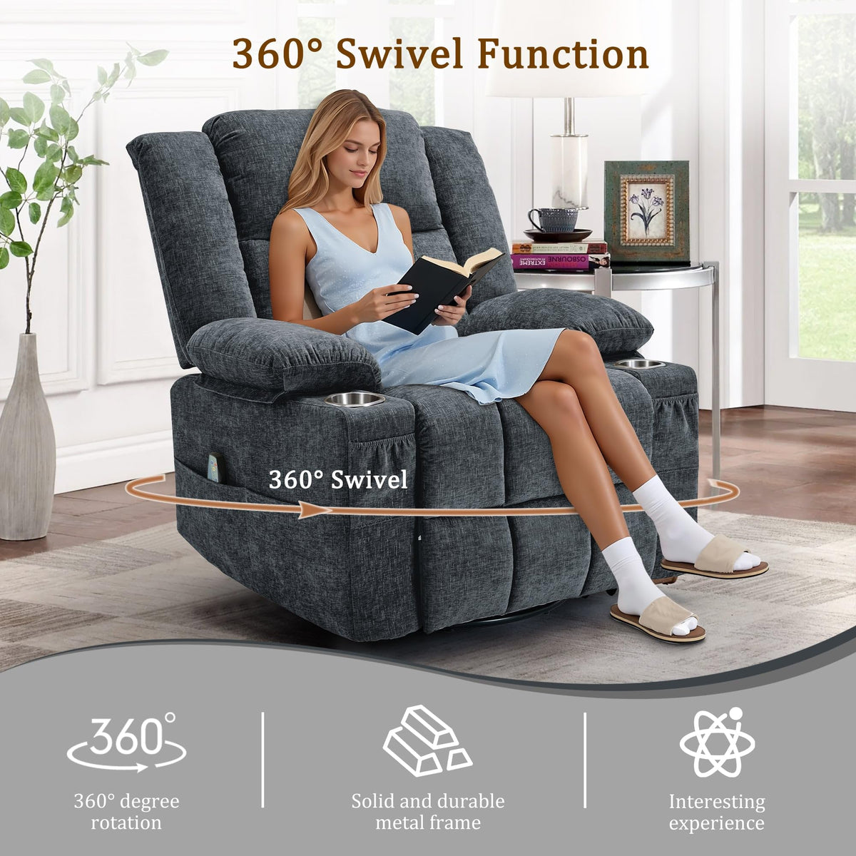 Fabric Dark Gray Swivel Rocker Recliner with Cup Holder Y89179